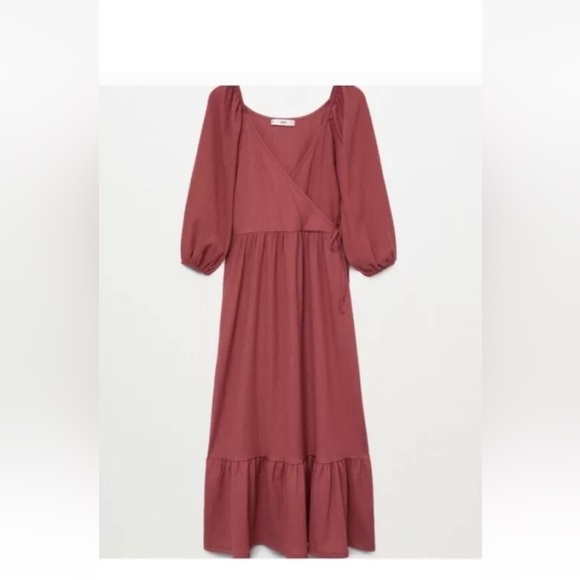 MNG puff balloon 3/4 sleeve wrap front midi dress marron pink - Picture 2 of 6